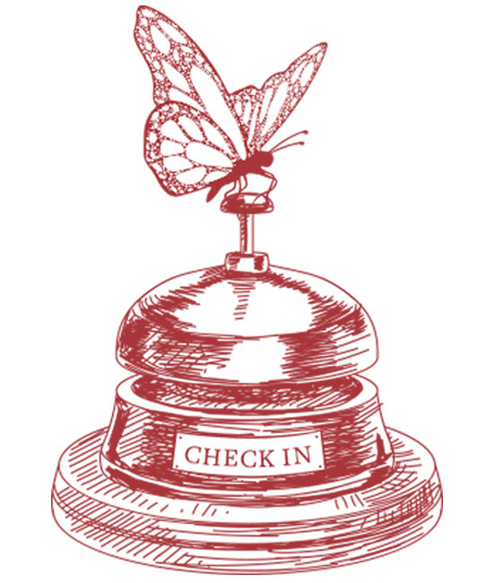 A hand-drawn illustration of a bell with the word CHECK IN written on it. A butterfly is perched on top of the bell. This image is likely used as a decorative footer element on a website